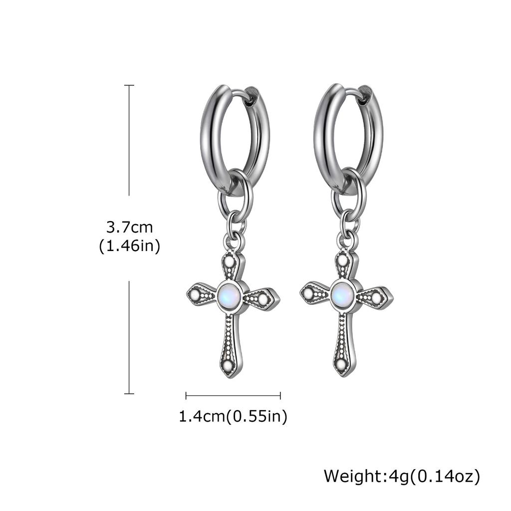 Punk Men's Huggies Earrings,Vintage Long Chain Stainless Steel Ear Drop,Stylish Cross Earring Gift