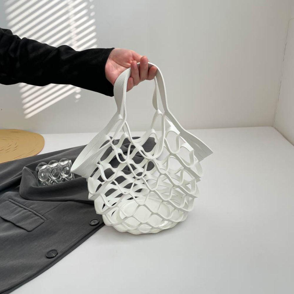 Foldable Leather Folding Tote Bag Fashion Hollow Out Weave Bag Trendy Leather Mesh Tote Bag  Picnic