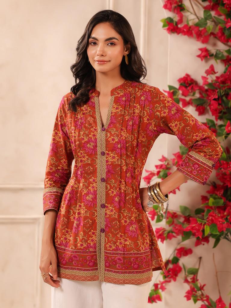 Rust Orange Printed Pintucks Cotton Top