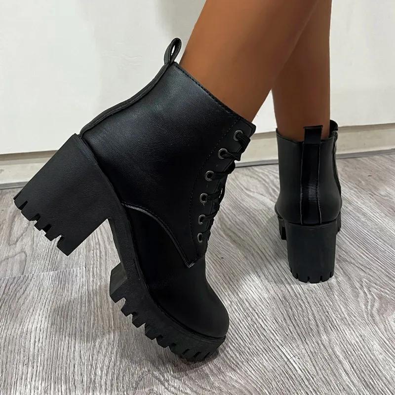 Fashion 2025Block Heel Short Thigh Boots Women's Fashion Round Toe Lace-Up Front Side Zipper Platform Waterproof Non-Slip Heels