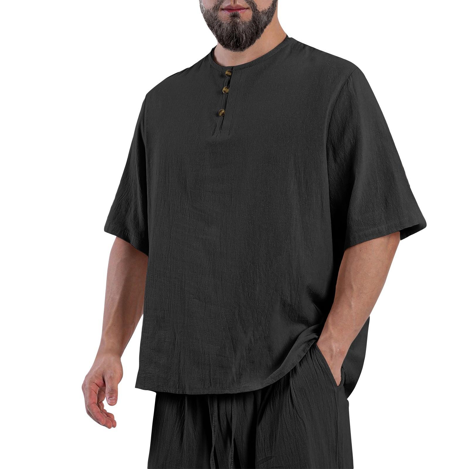 

Men s Solid Color Stand Collar Pocket Cotton Linen Button Quarter Sleeve Shirt L чорний