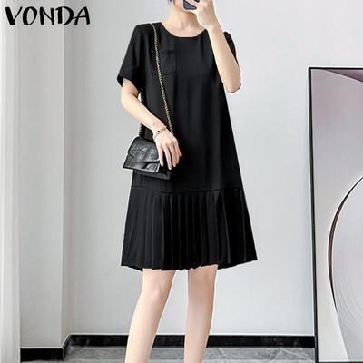 Women Summer Crew Neck Short Sleeve Solid Pleated A-Line Dresses