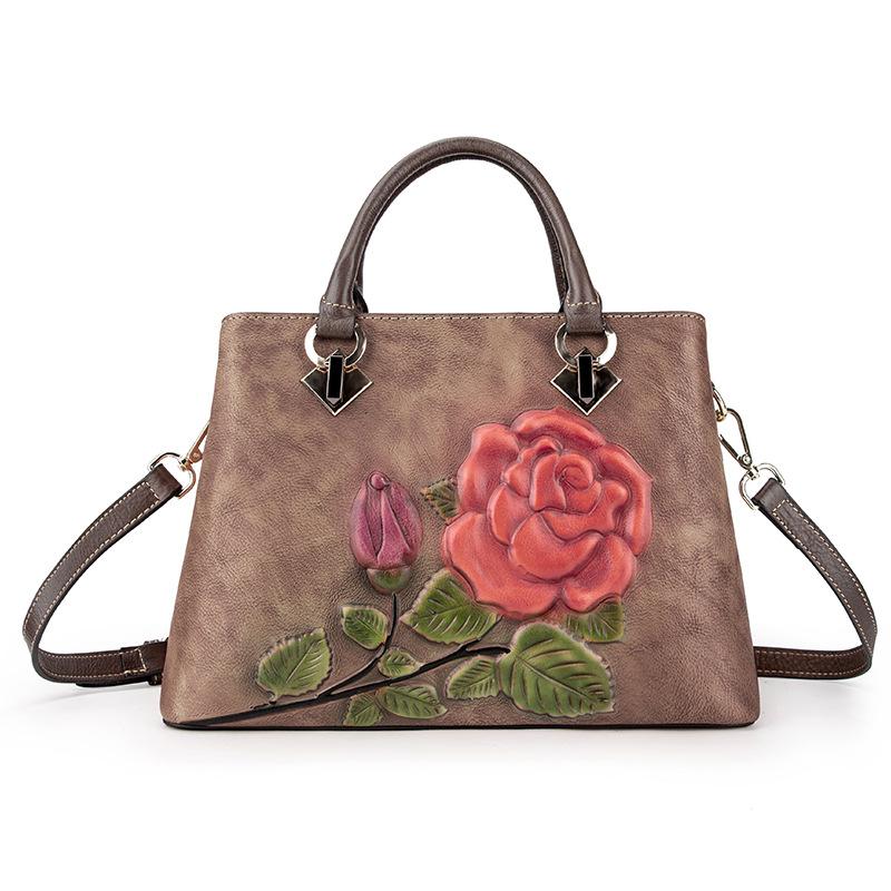 Johnature Vintage Handbag Handmade Embossing Cow Leather Women Bag Large Capacity Floral Female Shoulder Messenger Bags