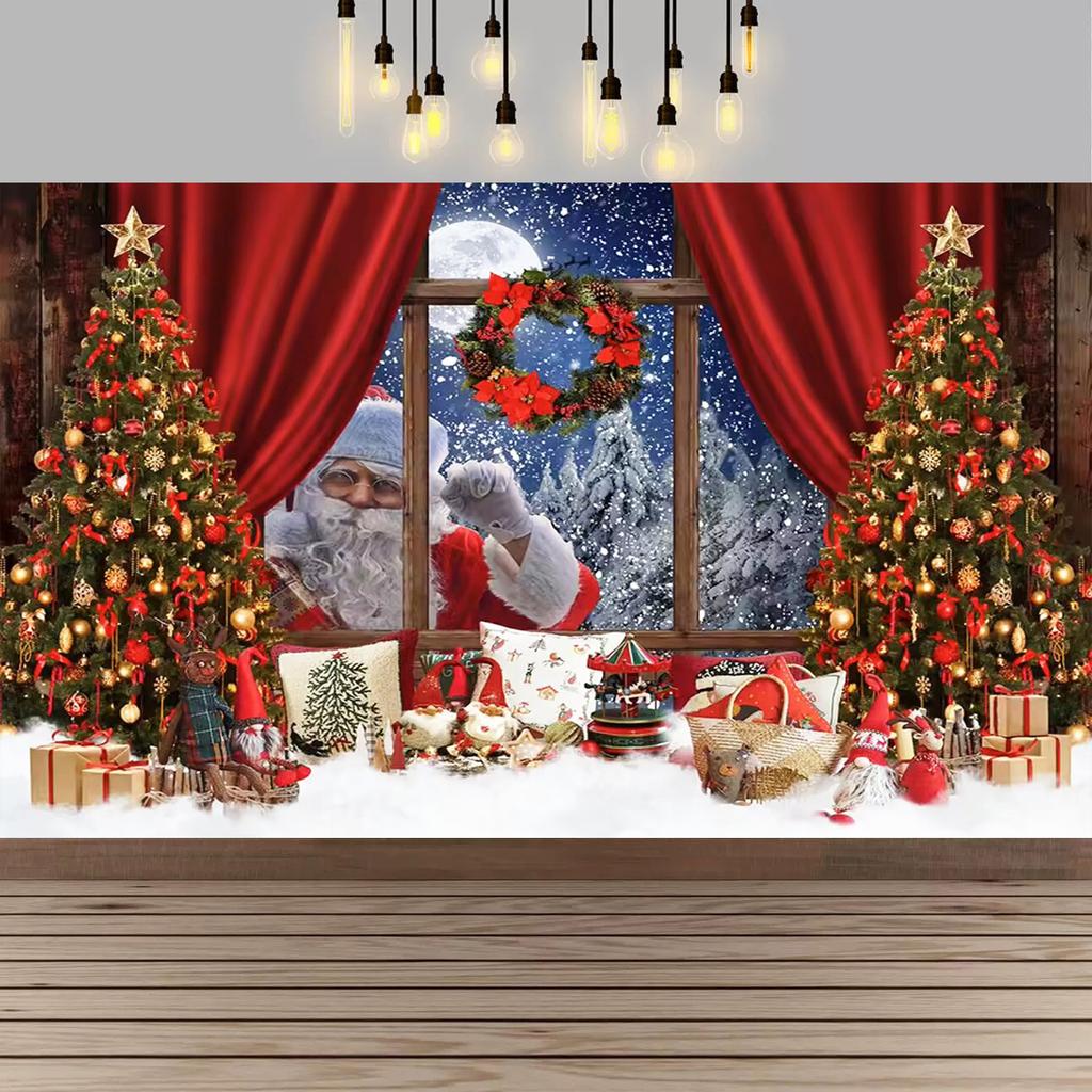 Christmas Red Curtain Decoration Backdrop Winter Snow Scenery Fireplace Santa Claus Photography Backdrop Holiday Party Supplies