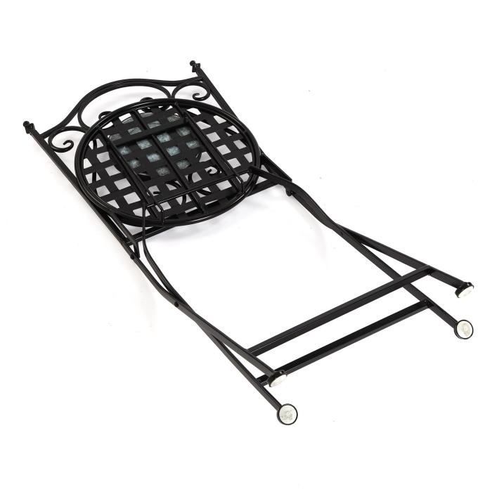 Chaise de jardin, balcon ou terrasse Trumpington - 92 x 50 x 39 cm - avec motif mosaïque en Métal - Noir et turquoise - Versa