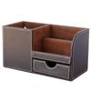 KINGFOM PU Leather Desk Stationery Organizer with Storage Remote Control and Small Drawer Box, Pen/Pencil Stand, Holder, (Brown)