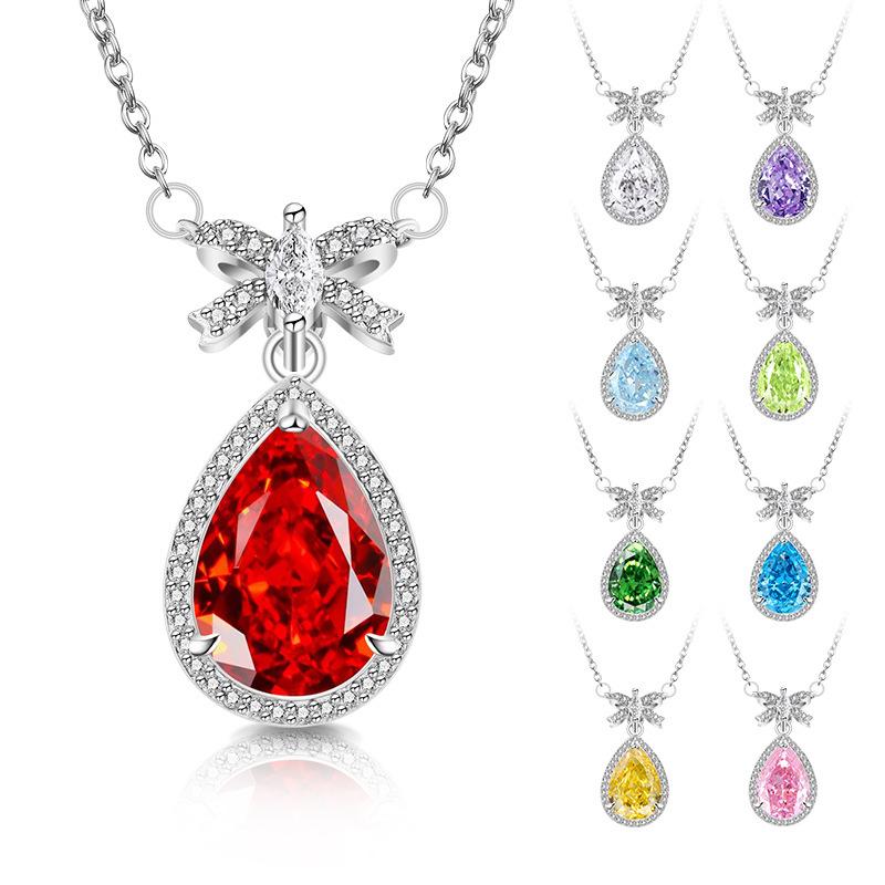 Bow Pendant Waterdrop Necklace High Carbon Diamond Zircon Ice Cut Necklace for Female Clavicle Chain Engagement Gift