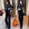 Women's Stylish Velvet-Enhanced Plaid Suit: Black Splicing Jacket Two-Piece Set for Fall/Winter