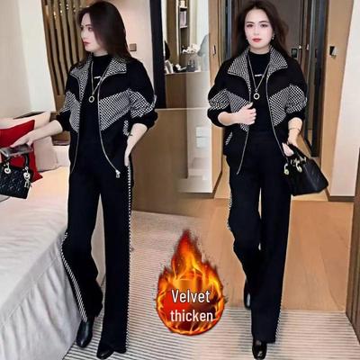Stilvoller Damen-Karosuit mit Samt-Verzierungen: Schwarzes Patchwork-Jacken-Zweiteiler-Set für Herbst/Winter