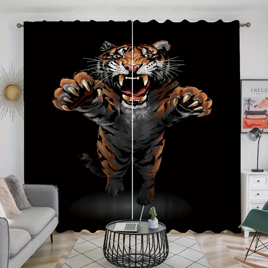 2pcs White Tiger Style Printed Curtain For Home Decor Rod Pocket Window Treatment For Bedroom Office Kitchen Living Room Study