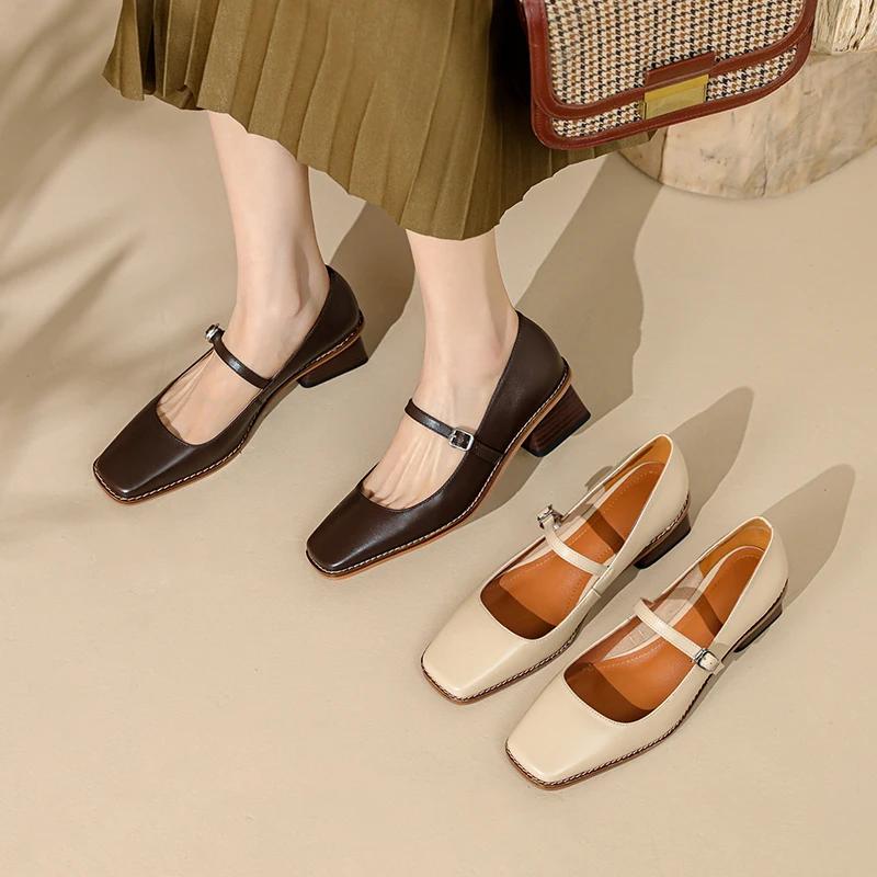 Fashion 2024 Trend Spring Women's Shoes Square Toe Chunky Heel Shoes Women Genuine Leather Low Heel Women Pumps Solid Retro Mary Janes