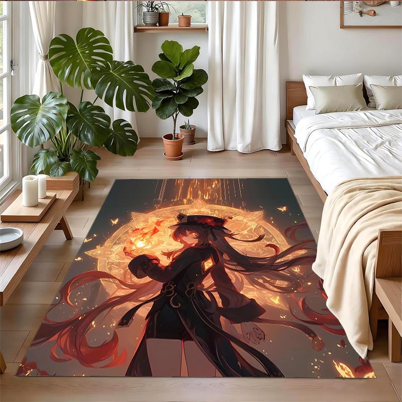 Anti‑Slip Crystal Velvet Floor Rug, Genshin Impact Design Carpet for Indoor Living Bedroom Home Decoration