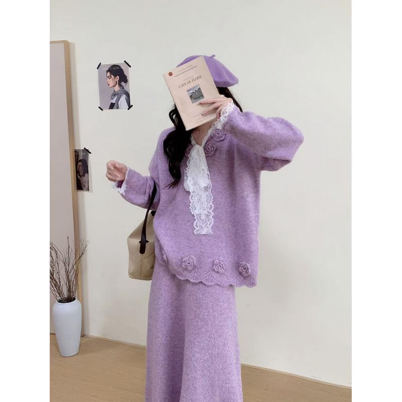 Elegant Heiress Embroidered Floral Knit Two-Piece Set S