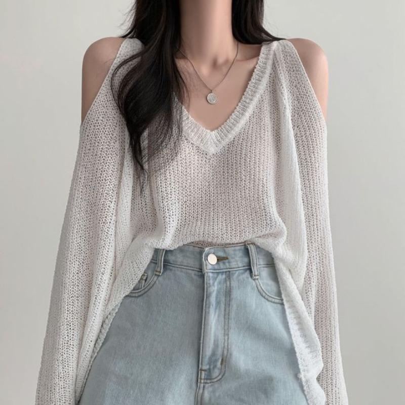 Chic Loose Lazy Style V-neck Off Shoulder Pullovers Sweaters Women Solid Fashion Casual Knitted Sweater Tops Women Elegant Round Neck Jumpers 25662