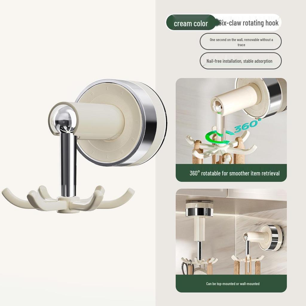 Six-Claw Rotating Suction Cup Hook - No-Punch Wall-Mounted Hanger for Kitchen & Bathroom Storage