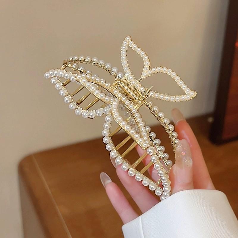 1pc pearl butterfly large hair clip for women summer design sense hair accessory shark clip at the back of the head золотистый