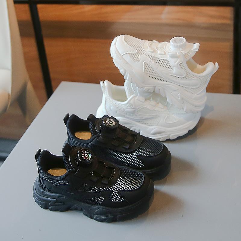 Children's Rotating Buckle Sneakers, New Spring and Autumn Lightweight Running Shoes for Boys, Leather White Shoes