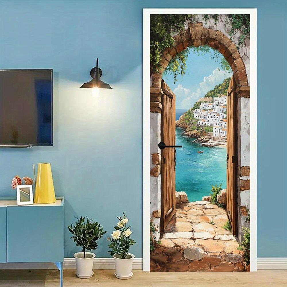 Adesivos de porta com tema oceano azul apresentando designs de arcos de pedra e papel de parede de paisagem mediterrânea, adequados para decoração de casa.