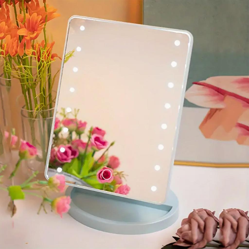 1PC Adjustable LED lighting cosmetic mirror with touch control, desktop installation and battery power supply.