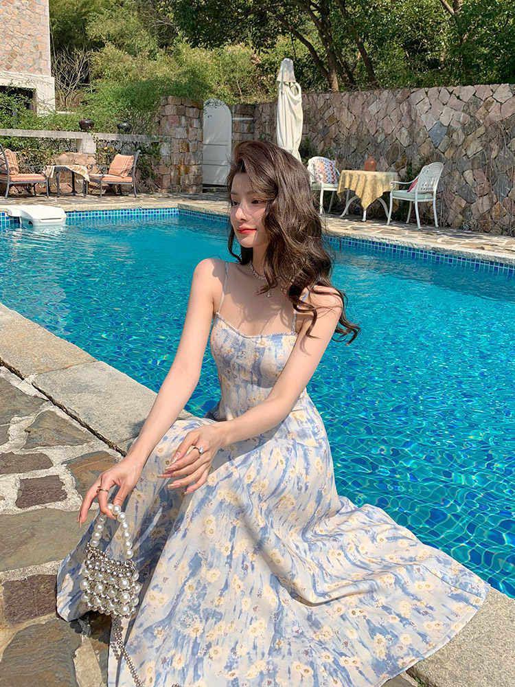 French Blue Floral Strappy Maxi Dress - Elegant Summer Beachwear