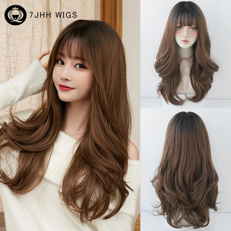 7jhh Wigs Honey Brown Wigs With Neat Bangs High Density Synthetic Loose Brown Hair Wig For Women Daily Use Beginner Friendly