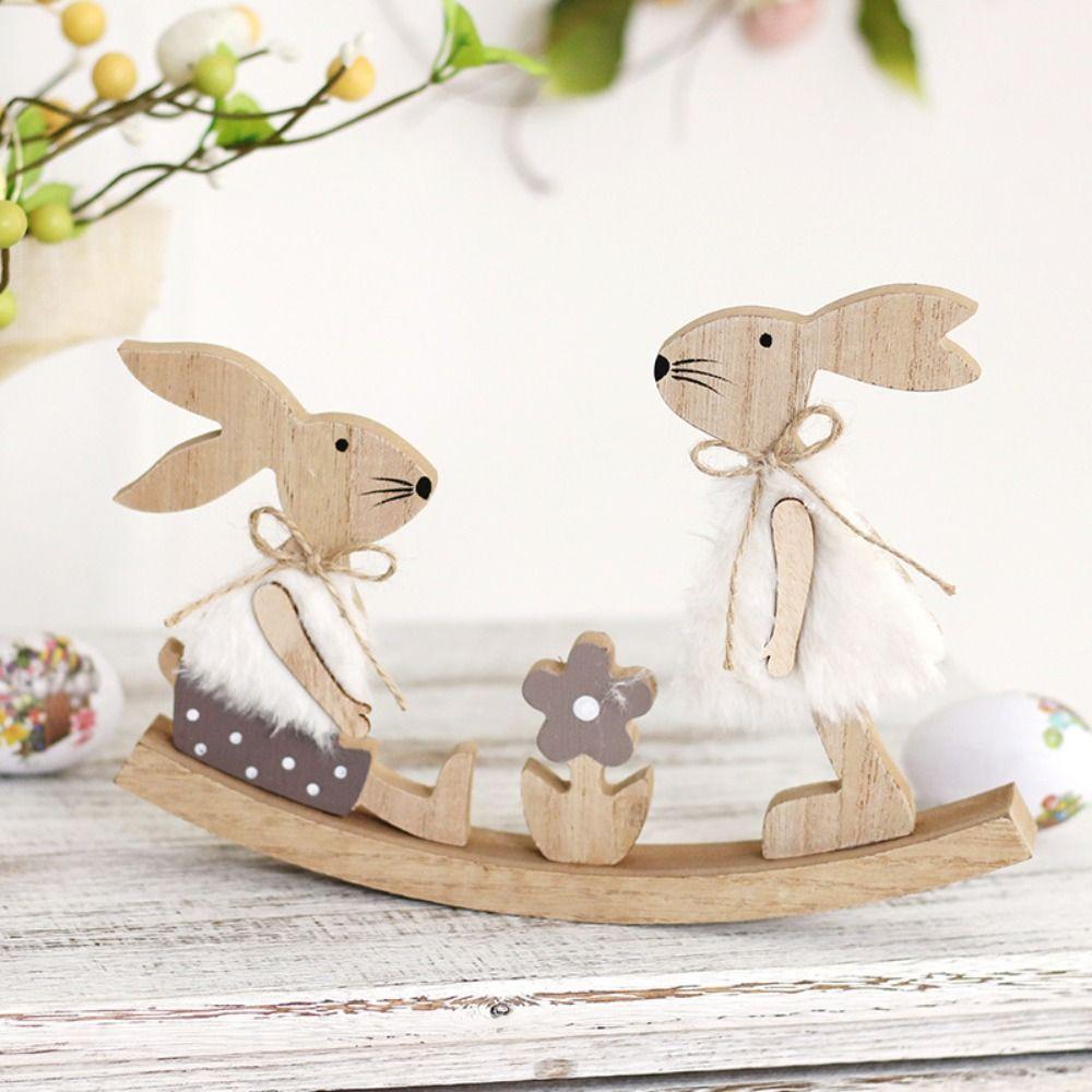 Wooden Seesaw Rabbit Ornament Household Decor Painted Graffiti Handicrafts  Happy Easter Party