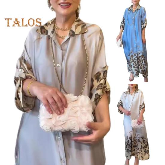 Lady Spring Maxi Dress Lapel Leopard Print Long Sleeves with Cufflink Loose Single-breasted Vintage High Waist Casual Daily Dress