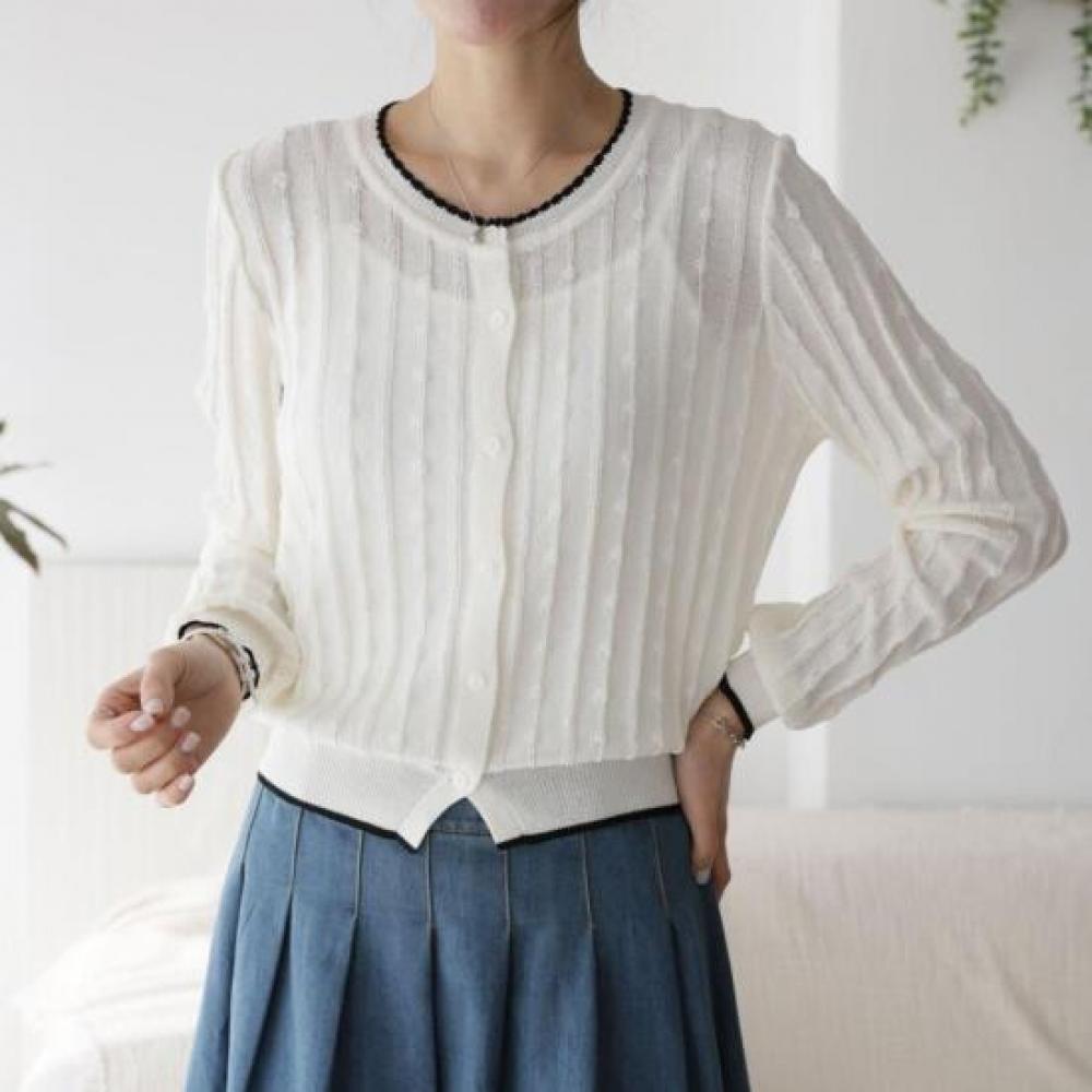New Arrivals Open Run Sheer Embossed Stripe Spring Knit Two Tone Cardigan