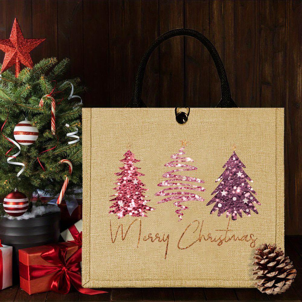 Pink Christmas Tree Burlap Tote Bag - Perfect for Outdoor Picnics, Parties, Travel, and Shopping