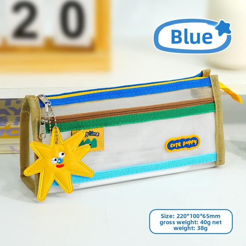 Cartoon Contrast Color Transparent Stationery Bag Double-layer Pencil Bag Large Capacity Mesh Bag Pencil Bag синий