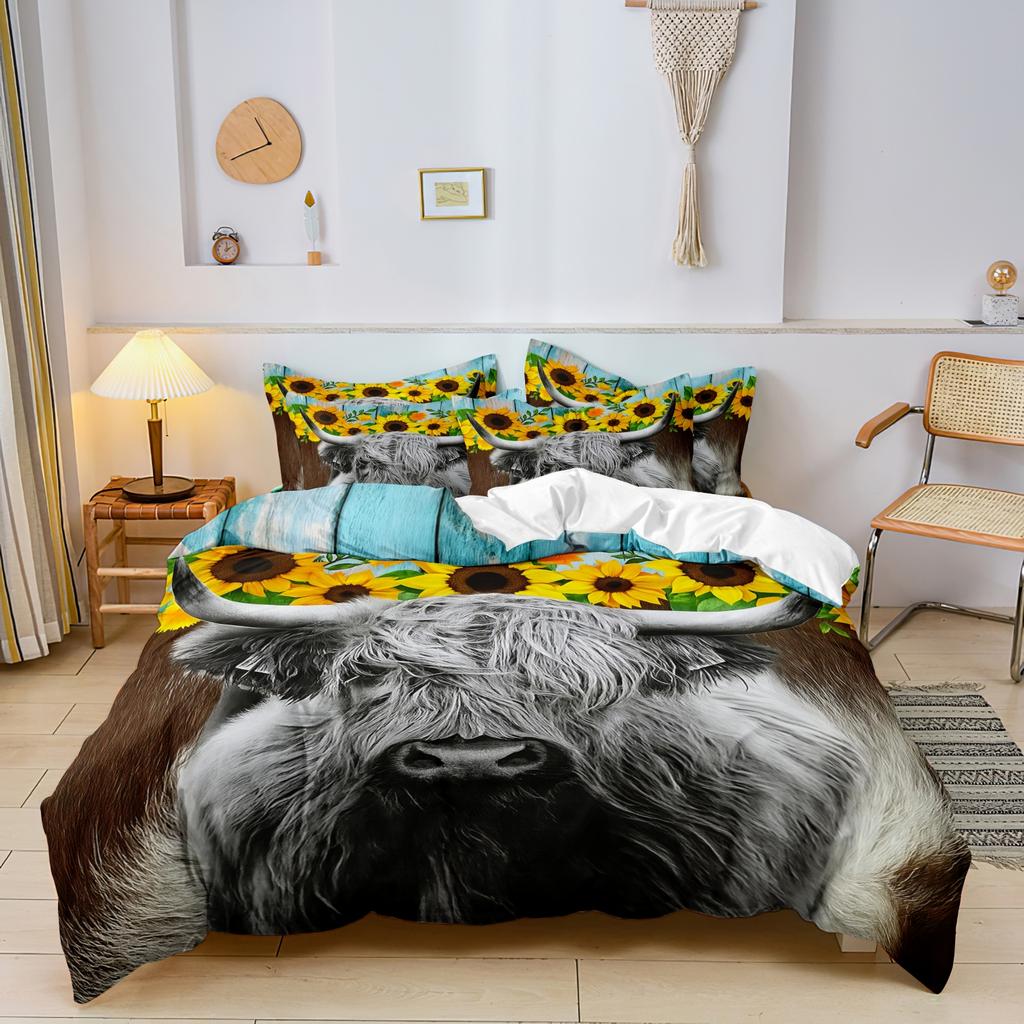 3pcs Highland Cow Pattern Duvet Cover Set Fabric With Digital Animal Print 1 Duvet Cover And 2 Pillowcases (No Quilt)