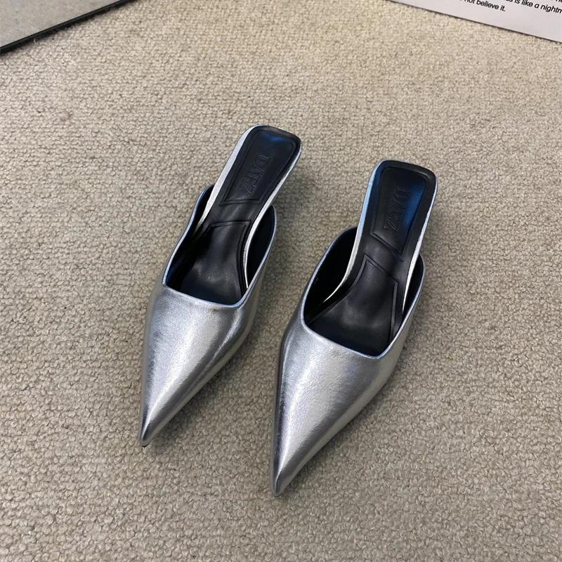 

Летние женские мюли-гладиаторы, модные элегантные туфли с острым носком, женские туфли для улицы, сандалии на высоком каблуке 35 серебряный