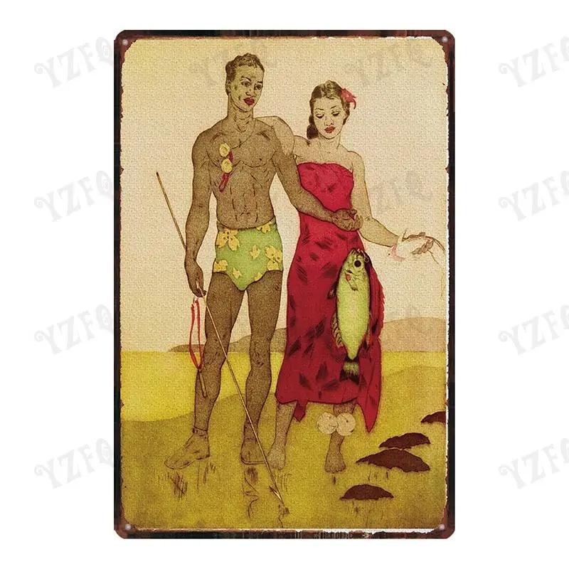 Vintage Hawaii City Painting with Hula Dancers  Metal Travel Tin Sign for Wall Decor In Pubs Cafes and Homes  Beach Metal Pla