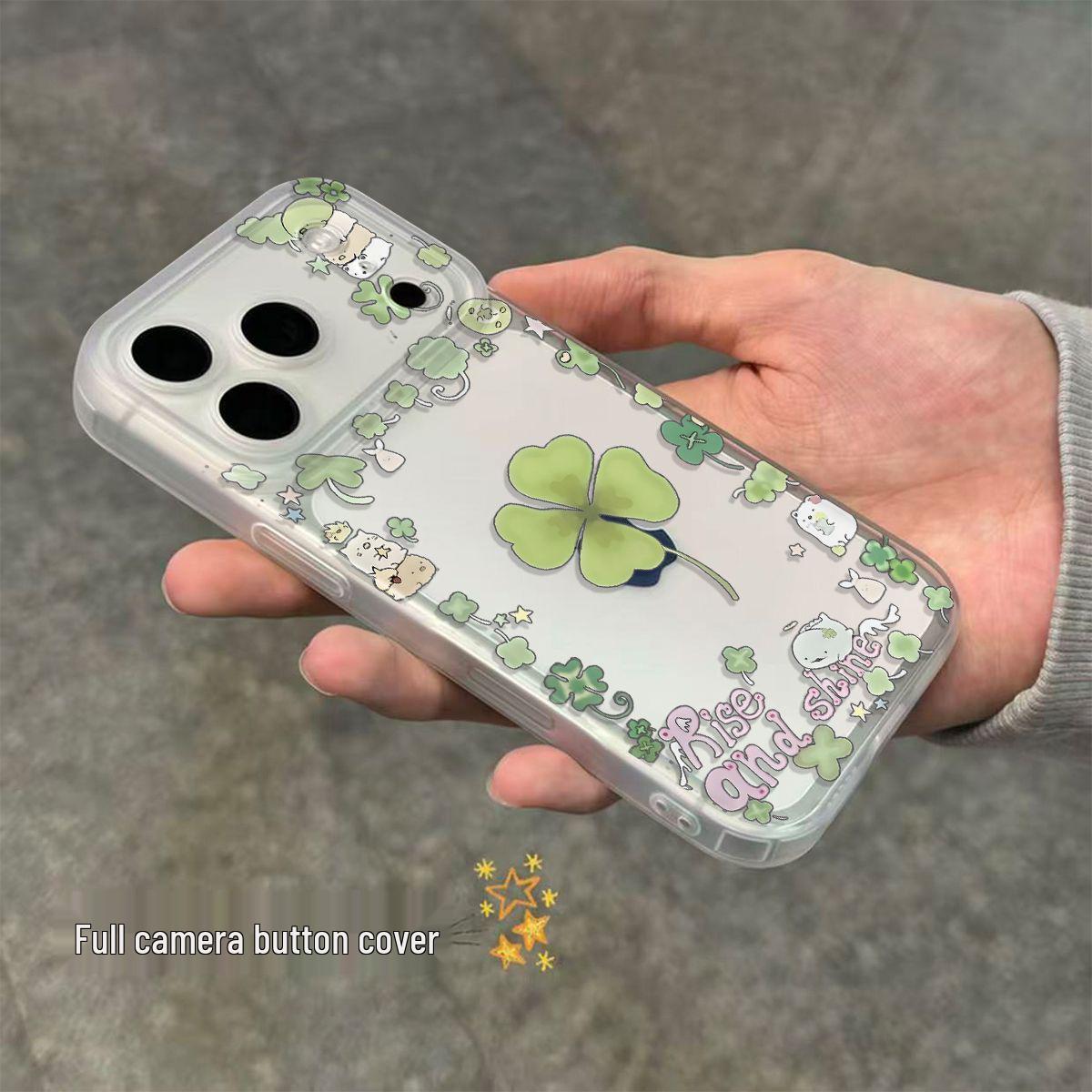

Fresh Four-Leaf Clover Integrated Button Phone Case for Apple 17/16/17 Pro Max/14/13 Cartoon Apple 17 Integrated Camera Button