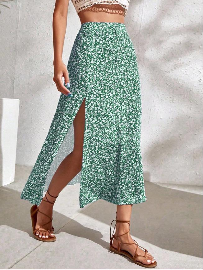 Spring-Summer Women's Floral Elastic Waist Slit Midi Skirt
