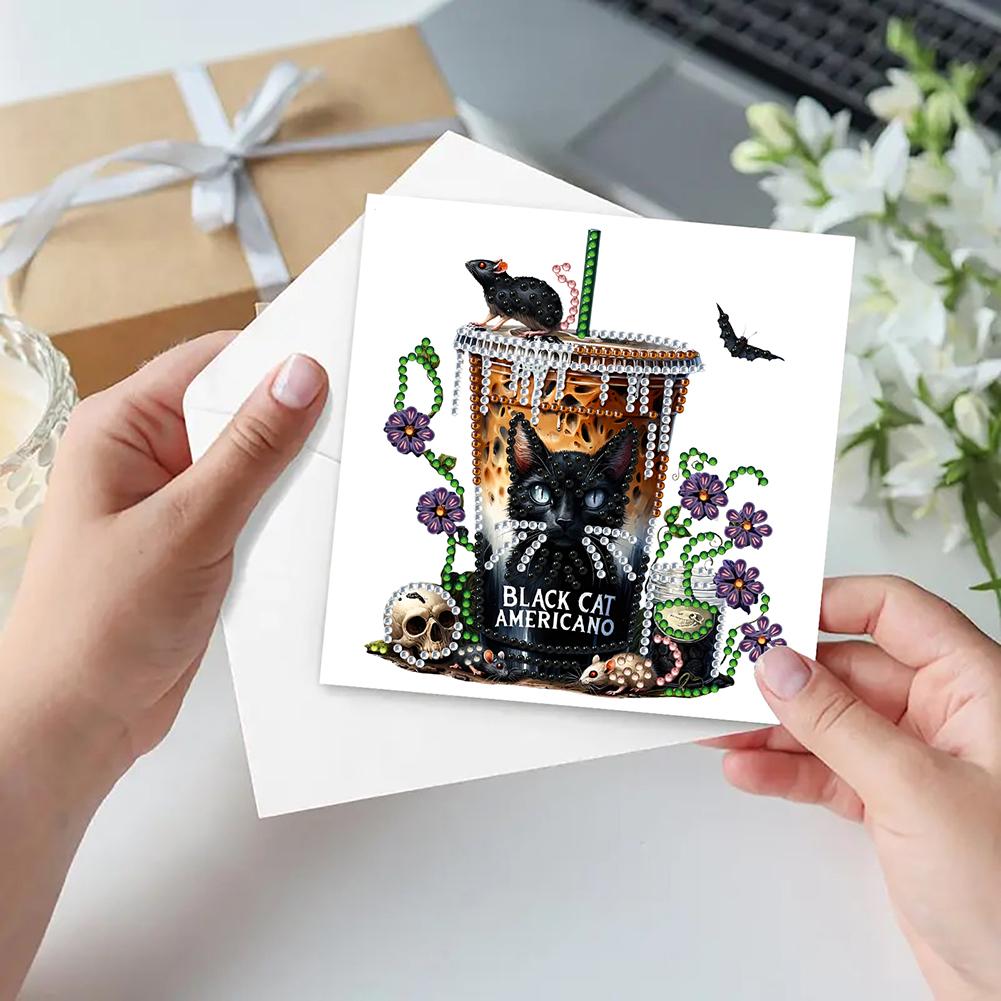 6PCS DIY Halloween Drink Diamond Art Greeting Cards for Halloween and Holidays