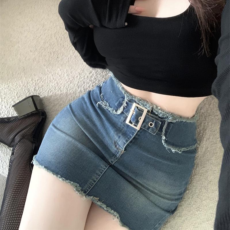 

Женская джинсовая юбка в стиле ретро с высокой посадкой для похудения, однотонная эластичная мини-юбка с деформированными бедрами, девчачий повседневный очаровательный костюм