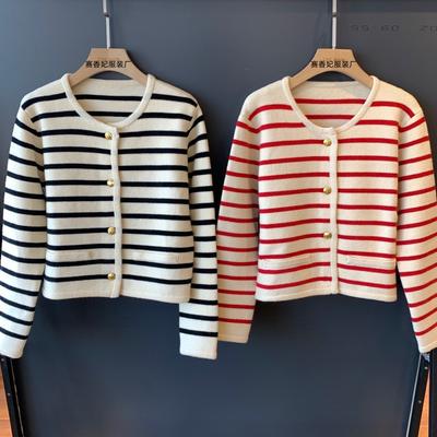 Women Autumn Sweaters O-neck Stripe Knitted Cardigan Fashion Long Sleeve Casual Short Tops