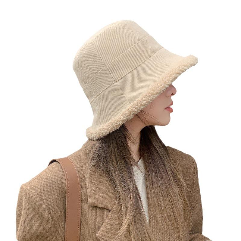 Winter Hat Women's Lamb Wool Bucket Hat Simple Versatile Velvet Thickened Warm Washbasin Hat