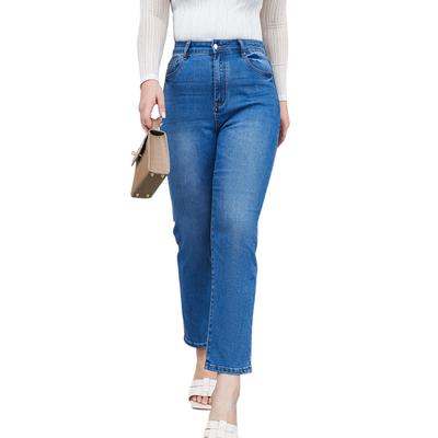 Damen-Stretchjeans mit mittelhohem Bund, modische gerade Bein-Denimhose mit Taschen
