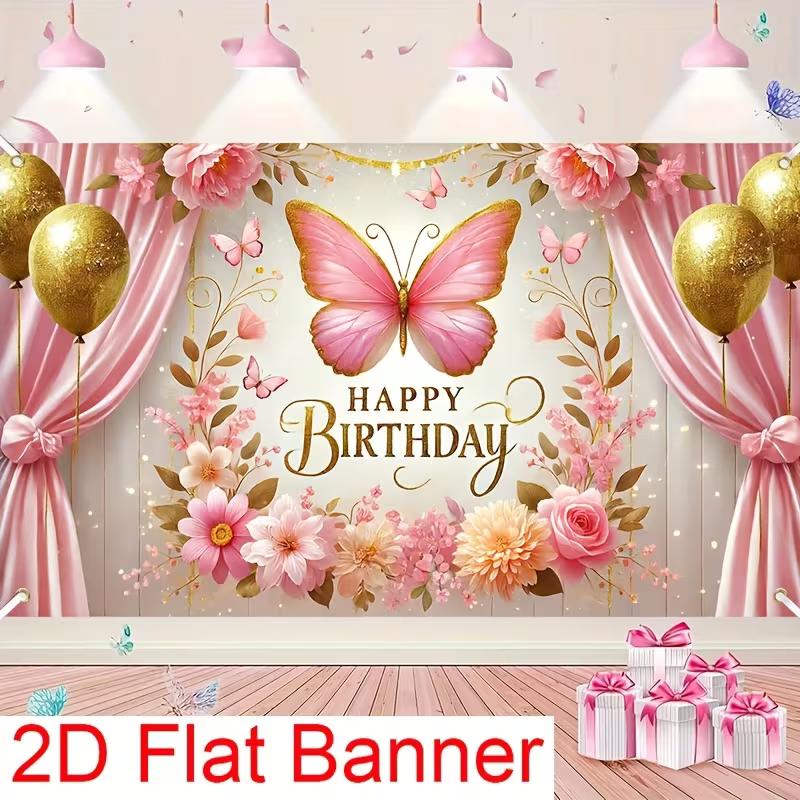 

2D Happy Birthday Background Cloth Pink Butterfly with Gold Balloons & Gifts Banner 47.2x31.5inch/120*80cm
