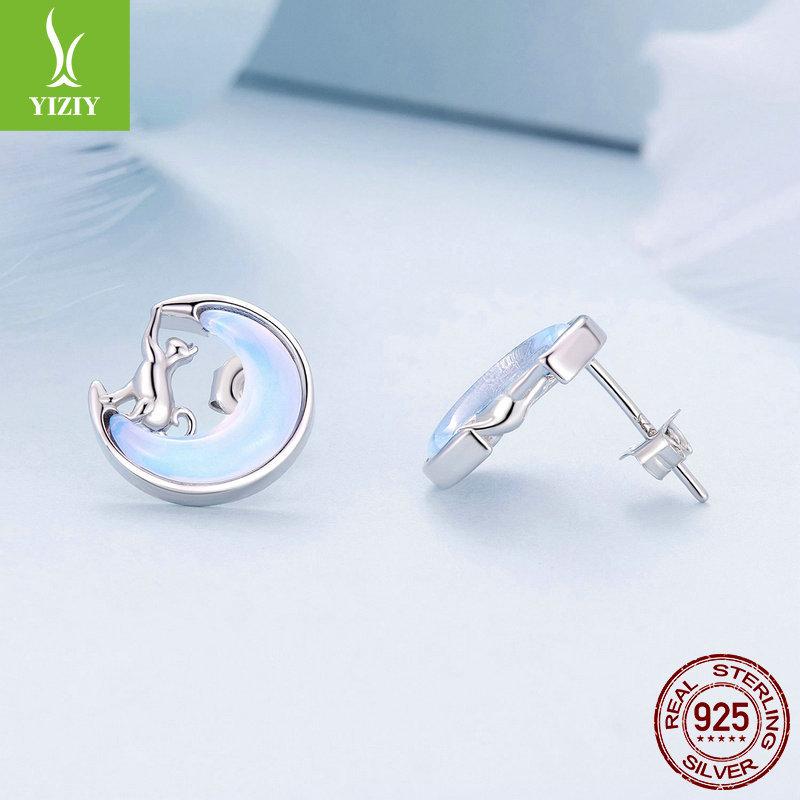 Niche Light Luxury Moon Cat Stud Earrings Female, Temperament S925 Sterling Silver Earrings