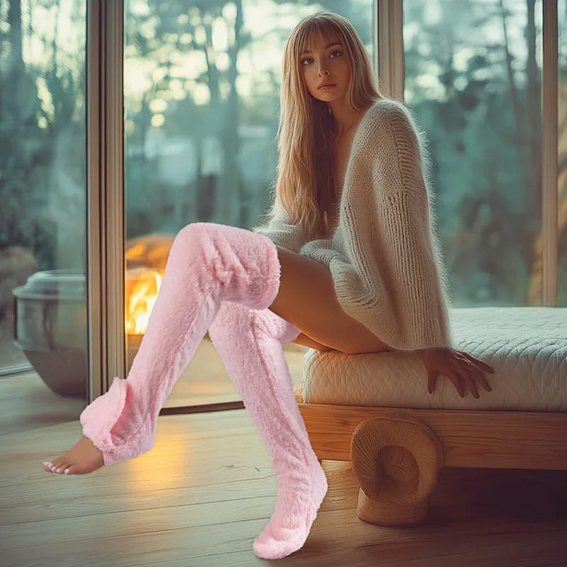 Fashion SyfIyno Multi Color Indoor Sock Boots Hot Fluffy Thigh High Socks Teddy Legs Leggings Over Knee Slippers Hairy Stockings