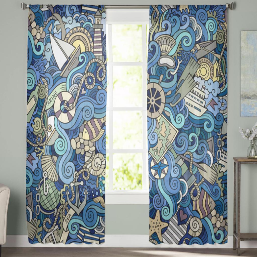 Abstrakcyjny wzór marynistyczne i morskie tiulowe zasłony do salonu sypialnia świąteczna szyfonowa zasłona kuchenna z przezroczystego woalu