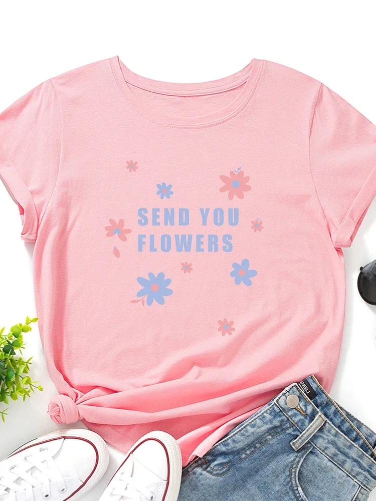 SEND YOU FLOWERS Print T Shirt Women Short Sleeve O Neck Loose Tshirt Summer Women Tee Shirt Tops Camisetas Mujer