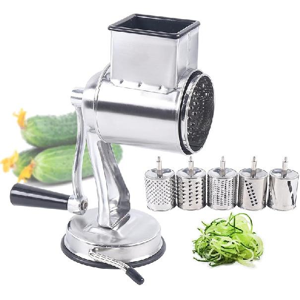 Upgrade Stainless Steel Rotary Vegetable Cheese Grater Potato Slicer Rotary Handheld Grater with 5 Blades Dishwasher Safe