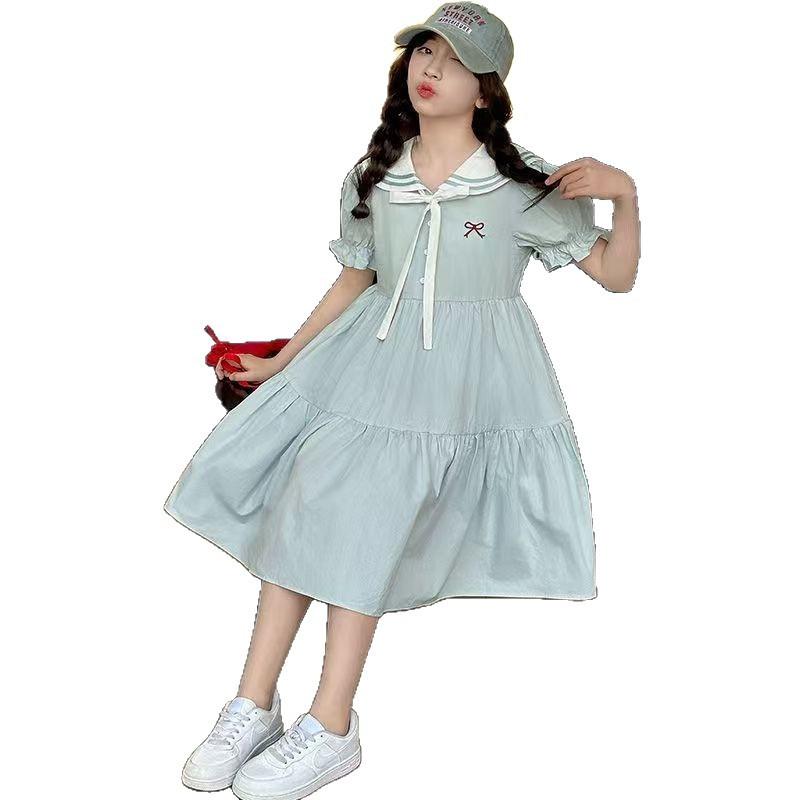 Girls Navy Collar Short Sleeve Dress Preppy Princess Skirt For Big Kids Students Summer Wear