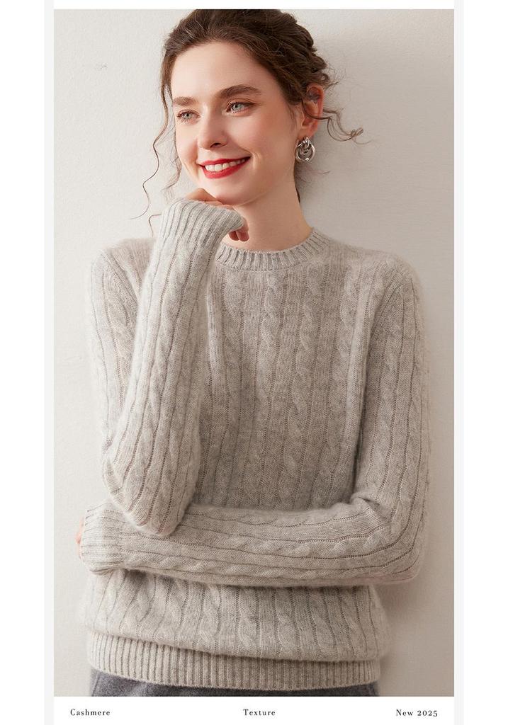 Women's Seven-Stitch Round Neck Cashmere Sweater - Solid Color Pullover, Elegant & Casual Long Sleeve Warm Base Layer