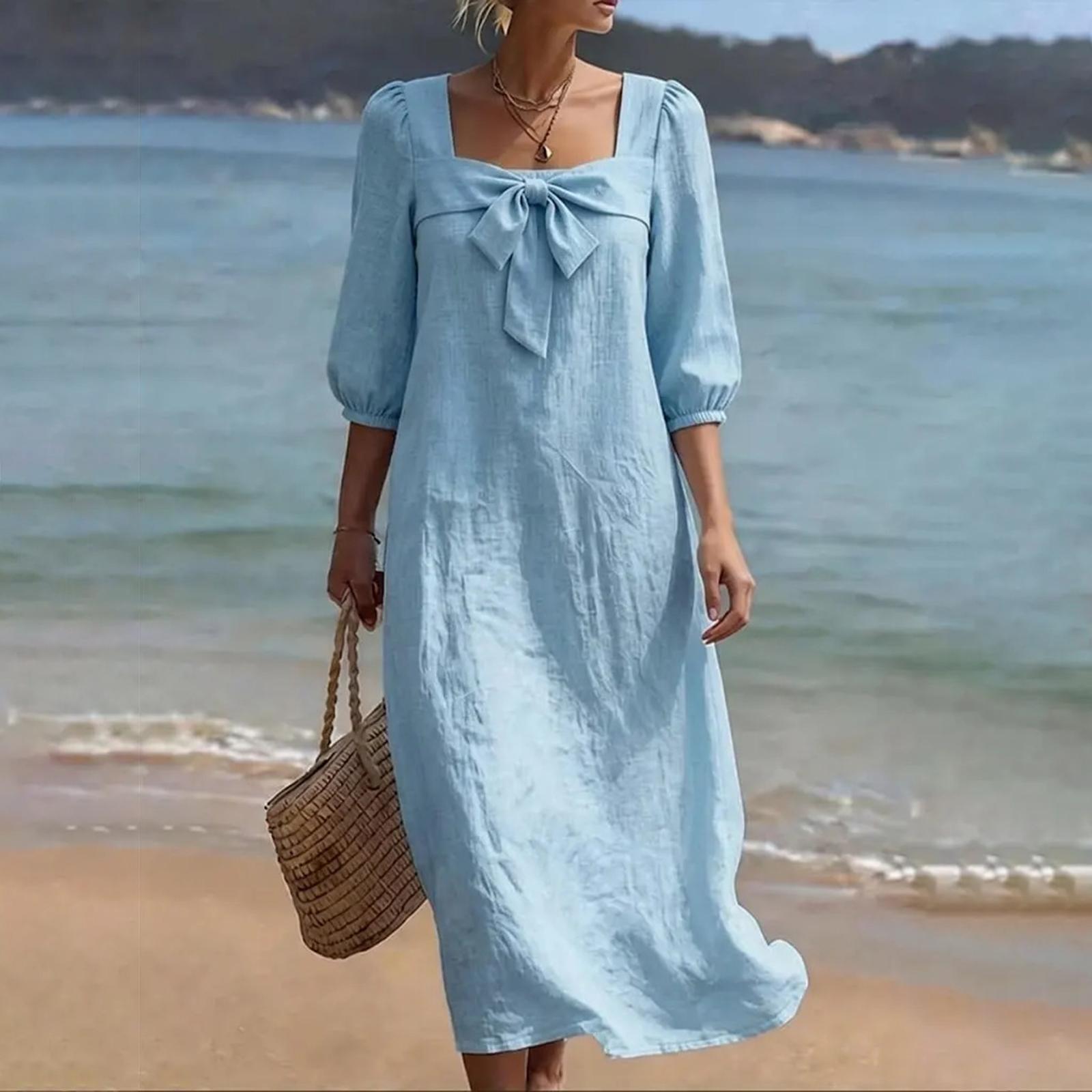 

Women s Casual And Fashionable Square-neck 3/4-sleeve Linen Cotton Bow Dress L