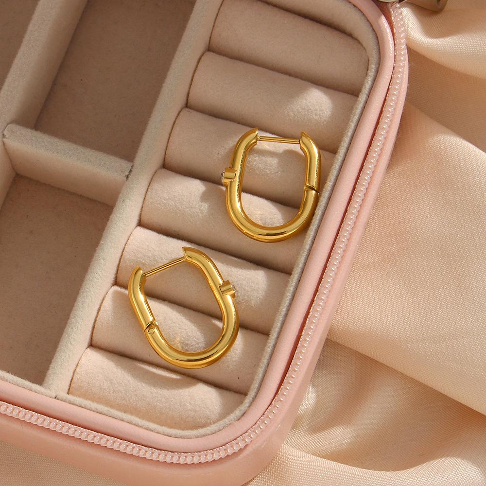 Drop Ship Gold Plated Stainless Steel Hoop Earring U Shape Huggie Hoop Cubic Zircon Diamond Earrings Piercing Jewelry